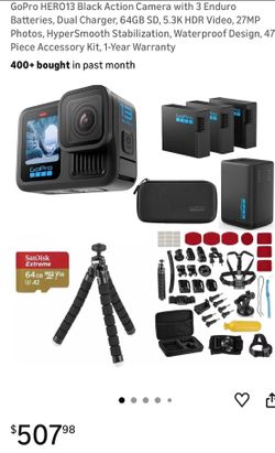 GoPro HERO13 Black Action Camera with 3 Enduro Batteries, Dual Charger, 64GB SD, 5.3K HDR Video, 27MP Photos, HyperSmooth Stabilization, Waterproof De