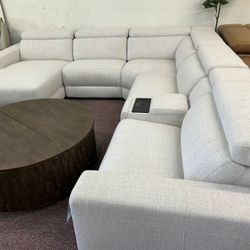 Furniture- 6 Pc Modular Fabric Sectional With A Power Recliner and Console- Nevio