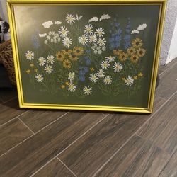 Vintage 1970s Embroidered Floral Wall Frame 