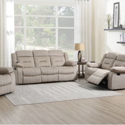 2 Piece Beige Recliner Sofa And Loveseat Brand New With USB Ports