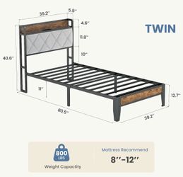 Twin Bed Frame, Upholstered Storage Headboard with USB Charging Station