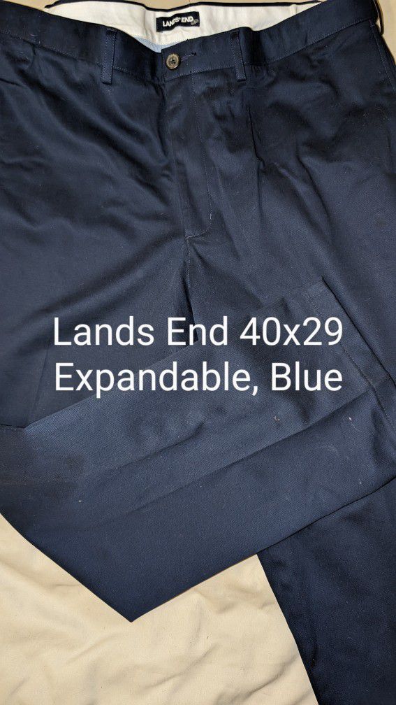 Mens Lands' End Blue Khaki Dress Pants, 40x29, Waist Expandable 3" More, Flat Front, 100% Cotton, Medium Weight, 4 Pocket, Rear Buttoned, 2 Spare Butt