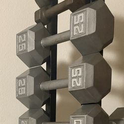 Set Of Cast Iron Hex Dumbbells From 5 To 25 Pounds.