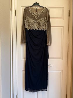 Navy/Gold Embroidered Illusion Mesh Sleeve Formal Gown/Dress