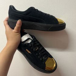 Puma (contact info removed)2 Black Suede Gold Patent Toe Creeper Platform Sneakers W 8 New Box