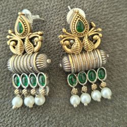 Green Golden Silver Brass Earrings 