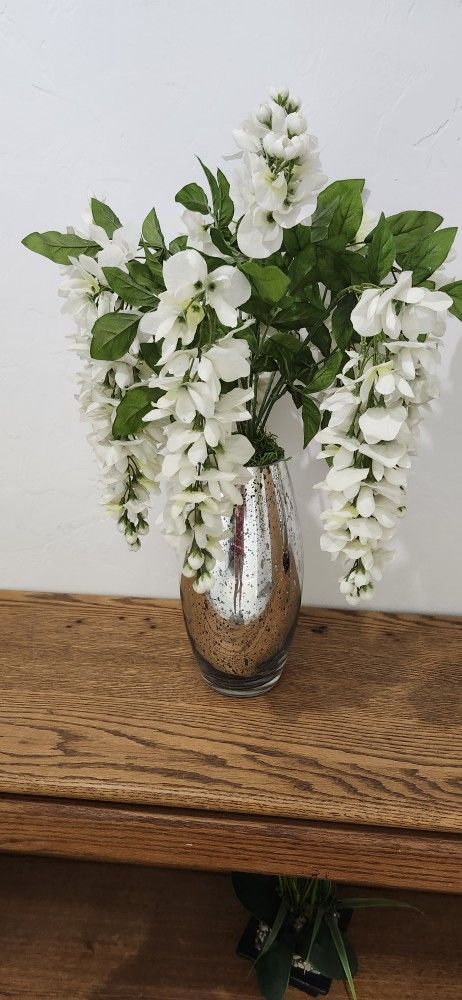 Silver Vase With White Fake Flowers