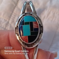 Rare CAROLYN POLLACK STERLING SILVER INLAID TURQUOISE & CORAL& ONYX MALACHITE CUFF BRACELET 