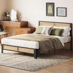 Full Bed Frame with Headboard, Boho Platform Bed with Rattan Footboard