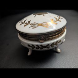 Vintage Porcelain Trinket Box with Gold Trim & Bug On The Lid, Made In Japan 