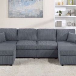New Dark Or Light Gray Corduroy Double Chaise Sectional Sofa Couch 