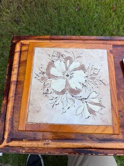 Vintage Wood Side Table with Floral Tile Top