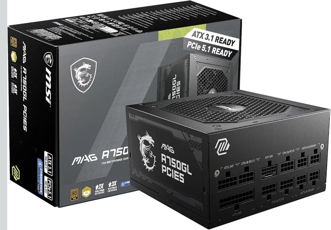 MSI MAG A750GL PCIE5, Fully Modular Compact Gaming 750W Power Supply, 80+ Gold, ATX 3.1 & PCIe 5.1 Ready, Native Dual-Color 12V-2x6 Cable