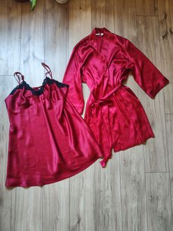 Sexy red satin robe and nightgown