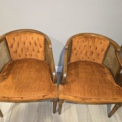 Set of 1970 vintage cane chair orange tufted velvet