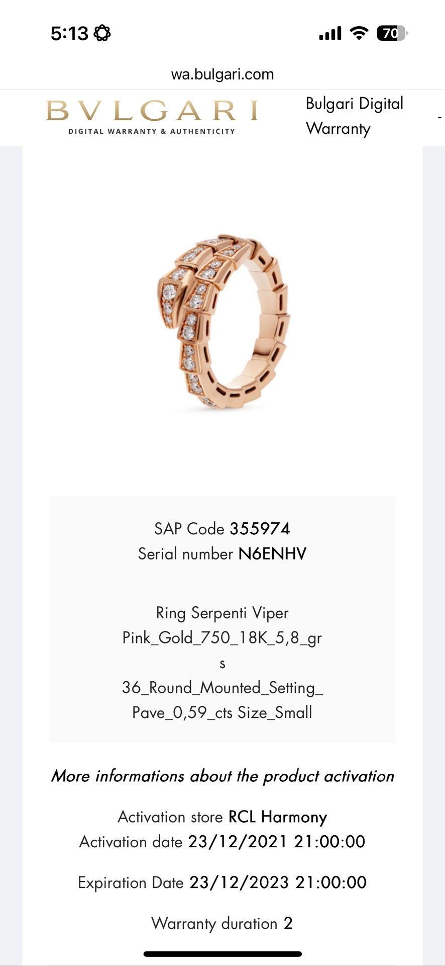 Bvlgari Serpenti 18k Rose Gold Diamond Ring Size 6.0
