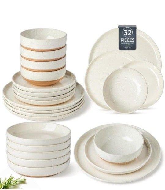 Amorarc 32 Piece Ceramic Dinnerware Set For 8. Light Beige. New