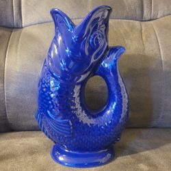 Vintage Dartmouth Devon Pottery Gurgle Fish Jug Blue Colbalt Rare 7"