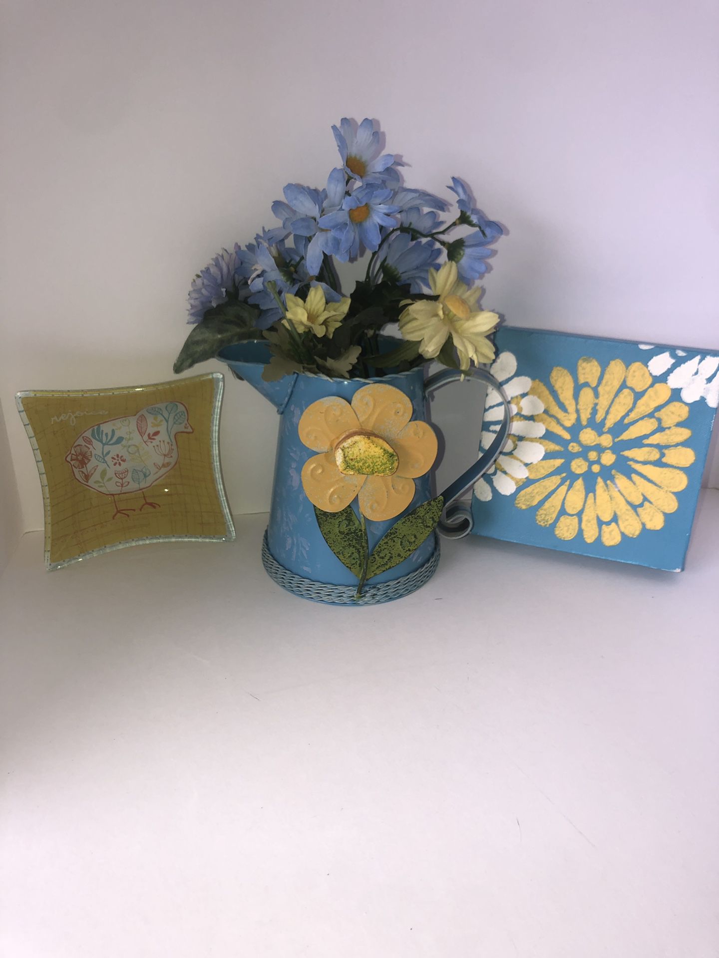 Cheerful yellow & blue flowers canvas wall decoration (6”x6”), glass REJOICE trinket dish (5”x5”x2”), & tin watering can w/3D flower & floral bouquet