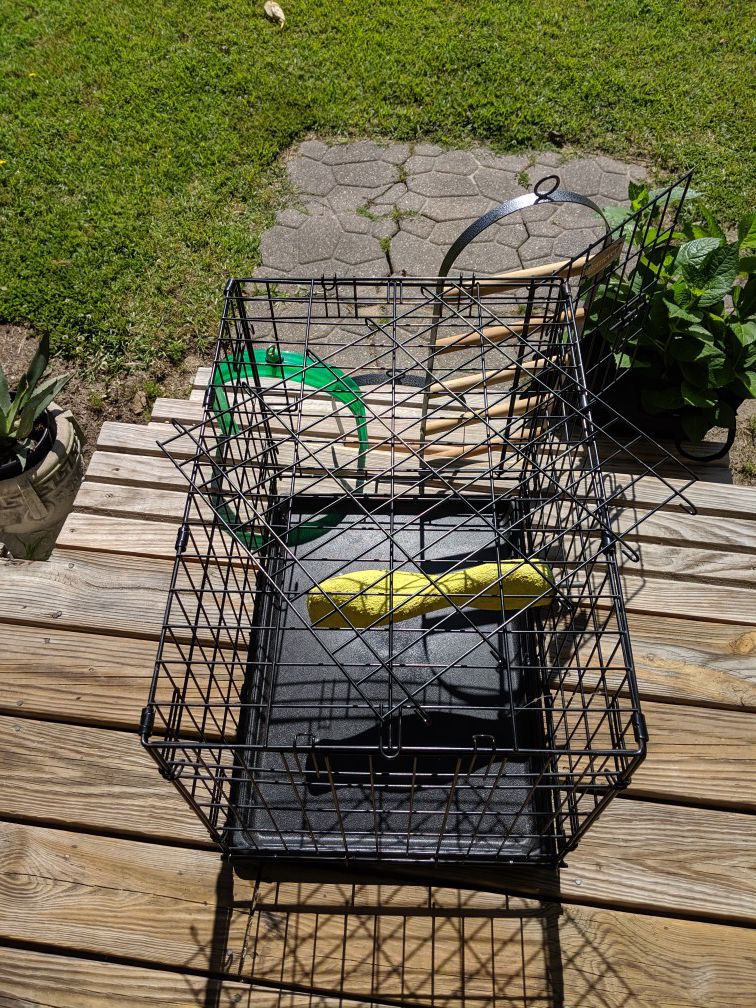 Metal carrying cage with bird swings and ladder