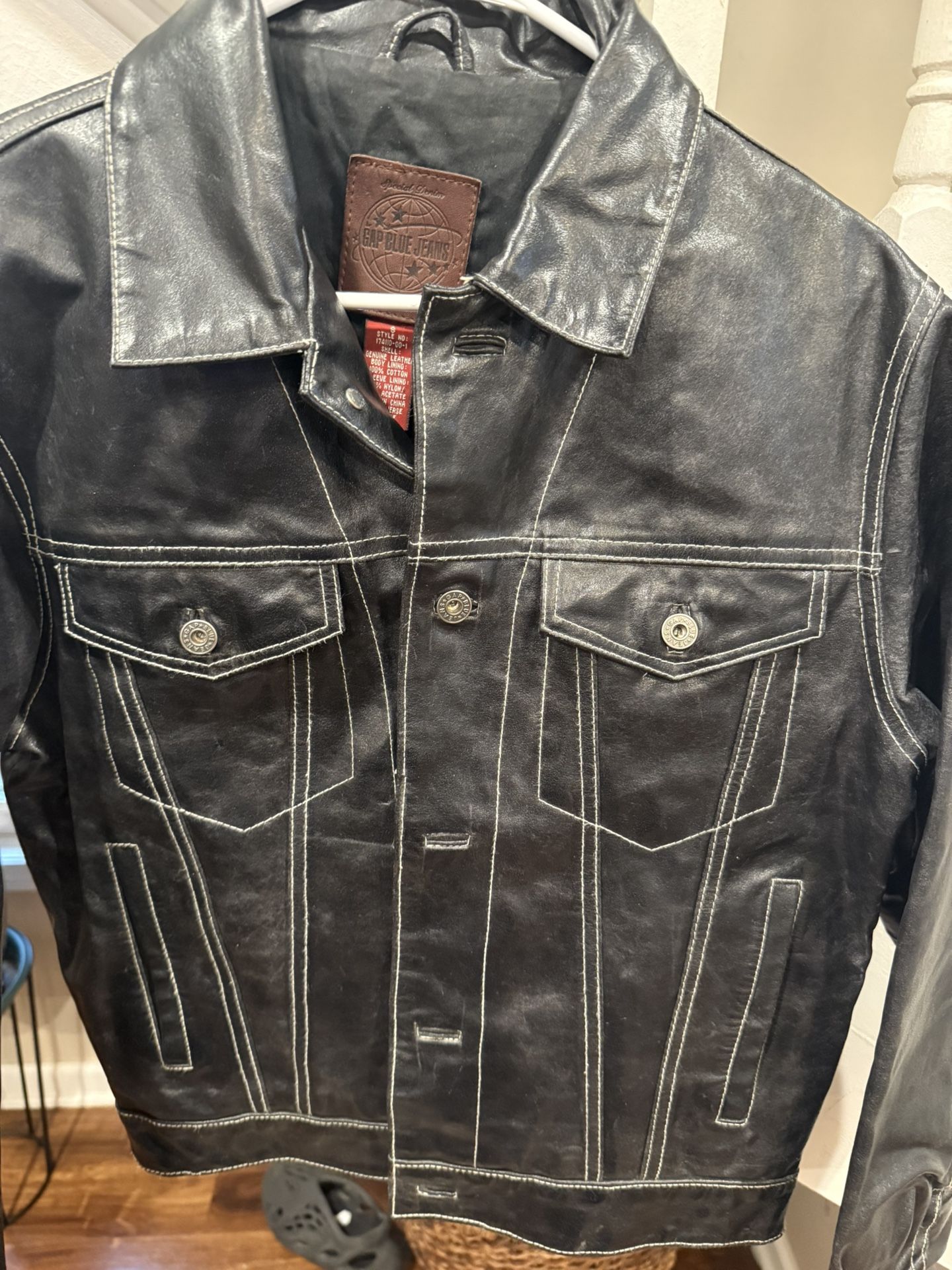 Vintage Gap Blue Denim Leather Jacket Black Small