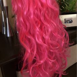 Hot Pink Wig W Bangs Curls