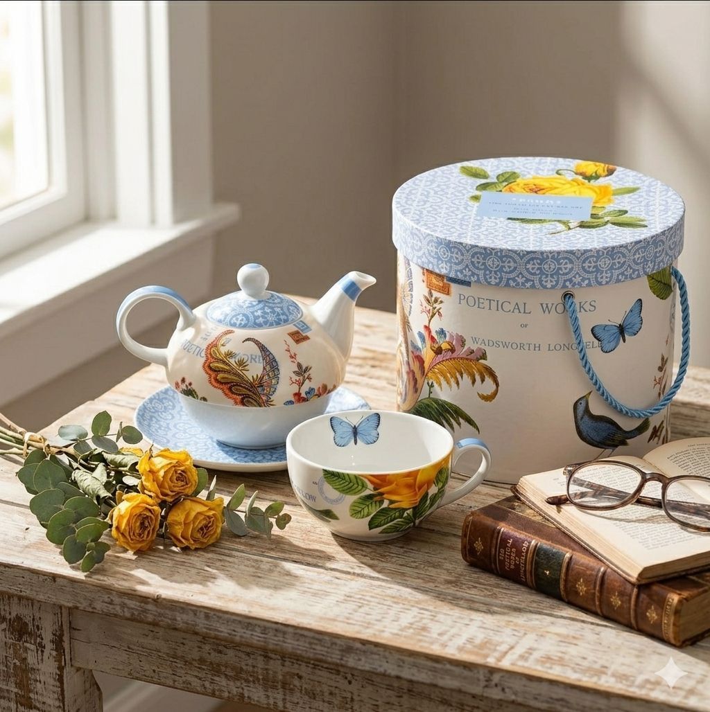 Fringe Studio Porcelain Tea for One Set Longfellow Poetical Works w/ Gift Box