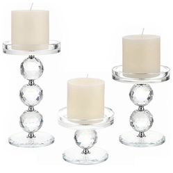 Set of 3 Crystal Glass Pillar Candlestick Holders