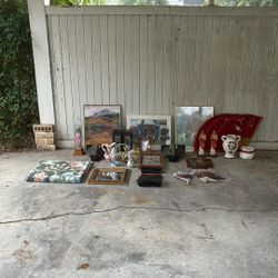 Vintage & Home Decor Lot - Art, Figurines, Rugs, Fans, Frames & More