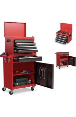 Chest, 5 Drawers Rolling Tool Cabinet with Detachable Top Toolbox, Universal Lockable Wheels, Lock Bar, Protective Liner & Tool Rack, Metal Tool Stora