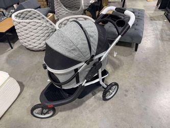 MSmask Medium Small Dog Stroller - 3 in 1 Folding Pet Stroller with Removable Carrier, Zipperless Dual Entry, Waterproof Pad, 3 Wheels, Linen Gray