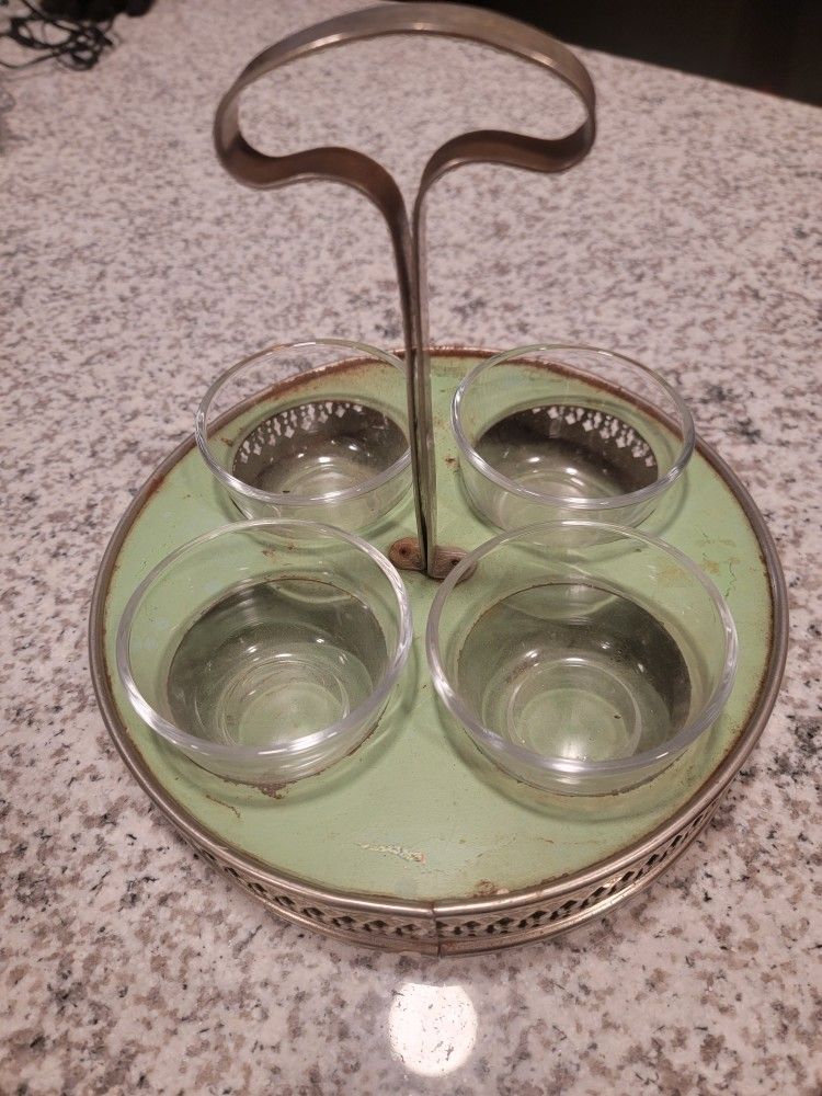 Vintage Etched Metal Condiments Glass Votives Containers Rustic Serving Tray