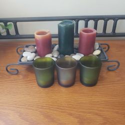 Green and Burgundy Rustic Candle Set On Metal Stand And Rock Accents