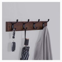 Wooden Wall-Mount Coat Rack with 4 Metal Hooks, 16 Inch Coat Hook Rail for Hallway Bathroom Closet Room, Walnut