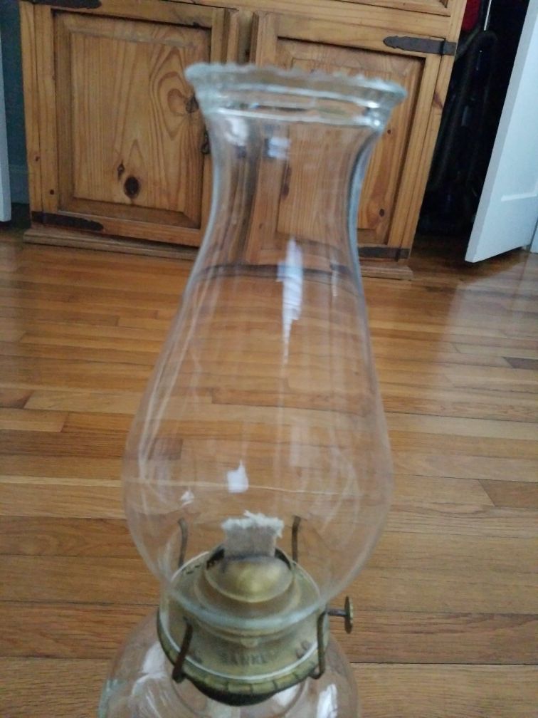 Vintage Clear Glass Kerosene or Oil Lamp with Banner Brass Fitting 18" Tall (M)