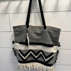 Black And Cream Woven Large Bag