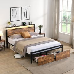 Isadora 82" LED Queen Size Metal Platform Bed Frame with Storage Headboard and 2 Drawers