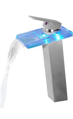 LED Bathroom Sink Faucet Brushed Nickel, Tall Vessel Sink Faucet Waterfall Single Handle 1 Hole and 2 Water Supply Lines, Brass Faucet with Open Glass
