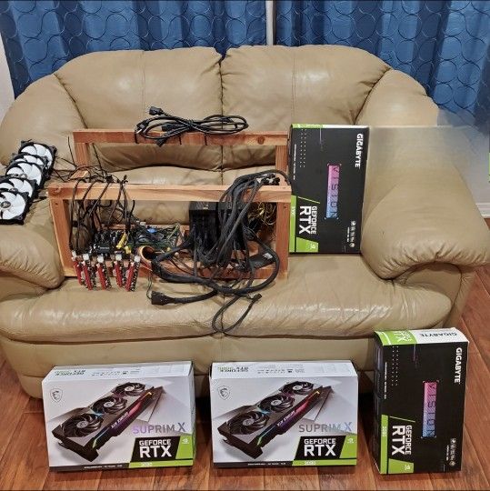 mining rig for sale (4X 3080 graphics cards, EVGA power supply, motherboard, gpu risers, adapters, fans, etc)