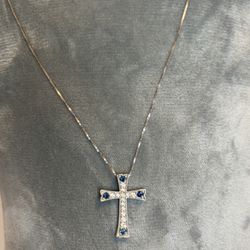 Diamond And Sapphire Cross Pendant Necklace 