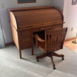 Vintage Wood Roll Top Desk with Vintage Wood Chair