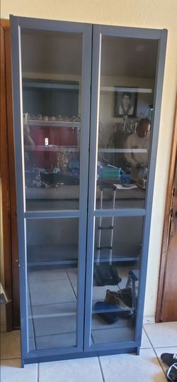Bookcase with glass doors, dark blue, 31.5" x11.75" x79 1/2 "