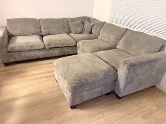 Gray Corduroy Sectional Sofa with Ottoman