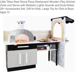 Little Tikes Real Wood Pizza Restaurant Wooden Play Kitchen Cook and Serve with Realistic Lights Sounds and Dual-Sided, 20+ Accessories Set, Gift for 