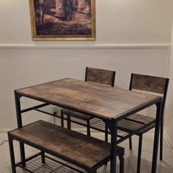 Industrial-Style Dining Table Set – Table, 2 Chairs, and Bench