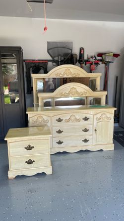 Solid Vintage Bedroom Set – Dresser, Mirror & Nightstand – $500