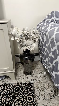 Dark Glass Vase with White Faux Flowers