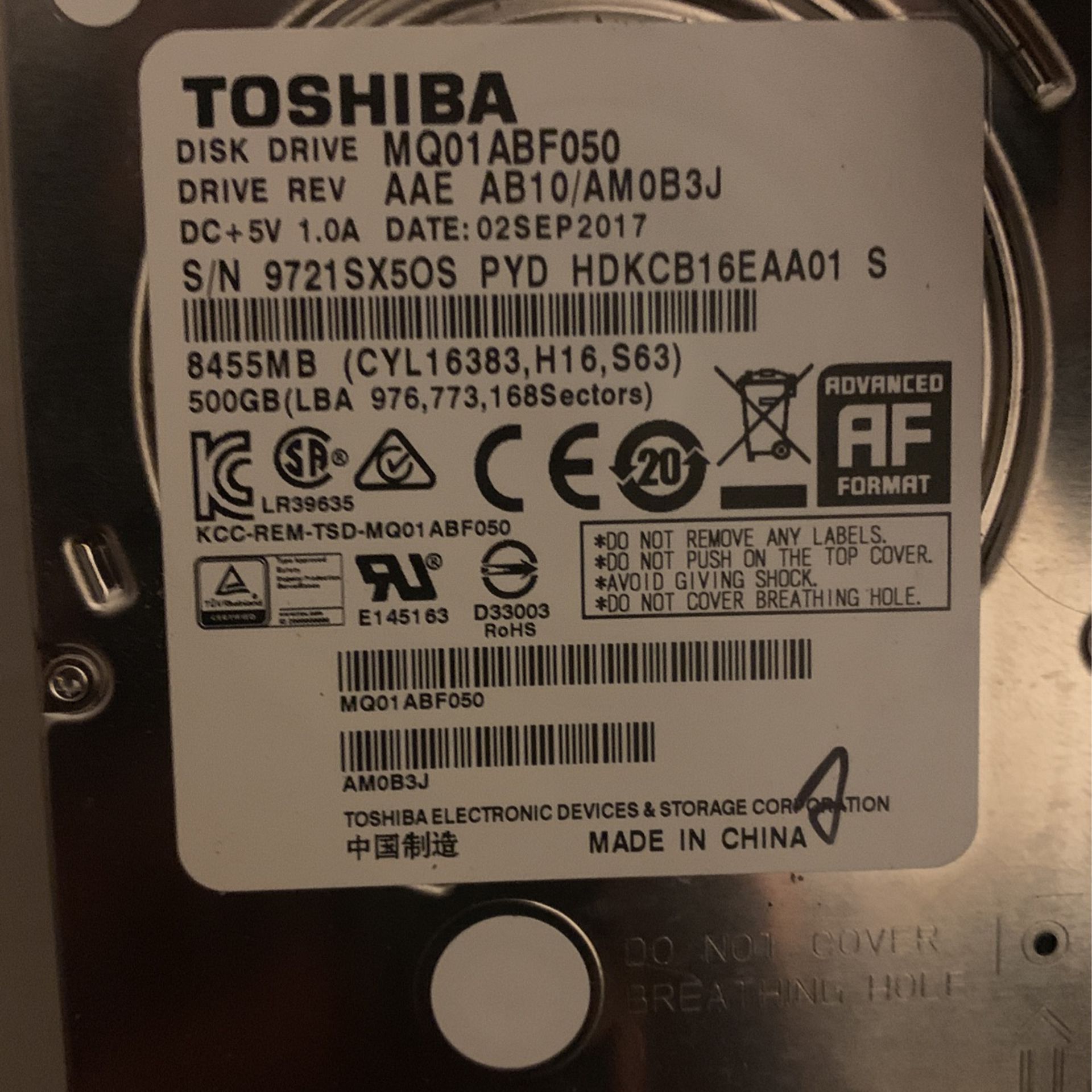 Toshiba 500gb Disc Drive  (clean)