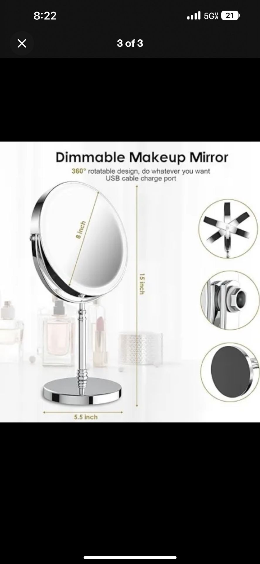 8" LED Makeup Mirror with Lighted 10X Magnifying Dual Sided Dimmer Vanity Mirror