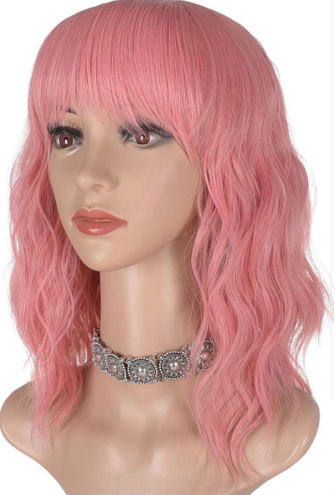 Short Pink Wavy Bob Wig with Bangs for Women 16 Inches Natural Synthetic Hair Wa